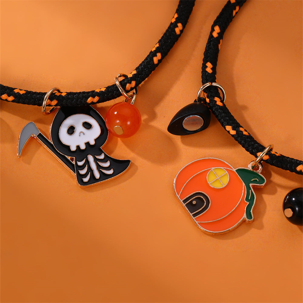 Halloween Pumpkin Ghost Love Magnetic Couple Rope Bracelet – Halloween Themed Couples Jewelry