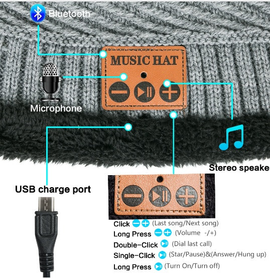 Bluetooth Hat Bib Plush Knit Hat – Warm Wool Hat with Stereo Bluetooth V4.2 Speakers