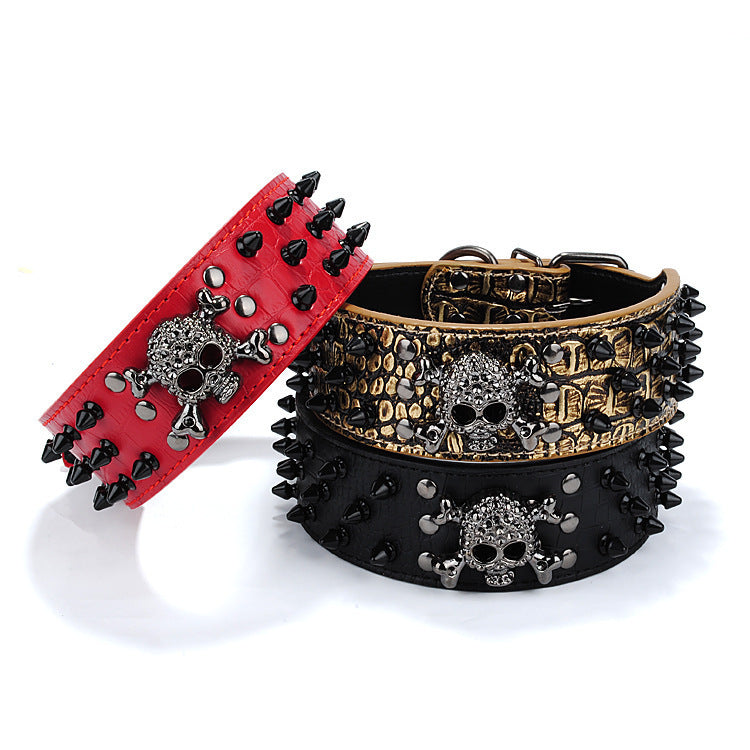 Skull Pet Collar – Round Head Nail Dog Collar in PU Leather, Multiple Colors &amp; Sizes