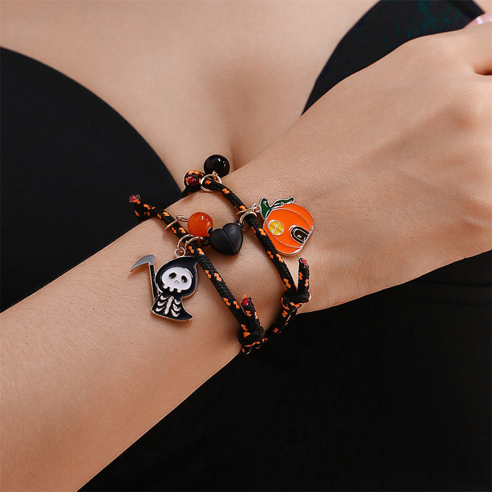 Halloween Pumpkin Ghost Love Magnetic Couple Rope Bracelet – Halloween Themed Couples Jewelry