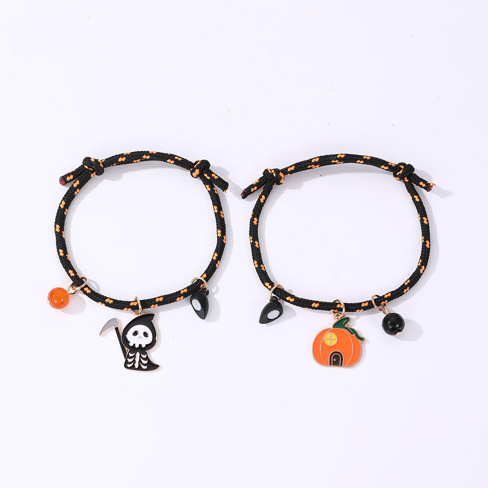 Halloween Pumpkin Ghost Love Magnetic Couple Rope Bracelet – Halloween Themed Couples Jewelry