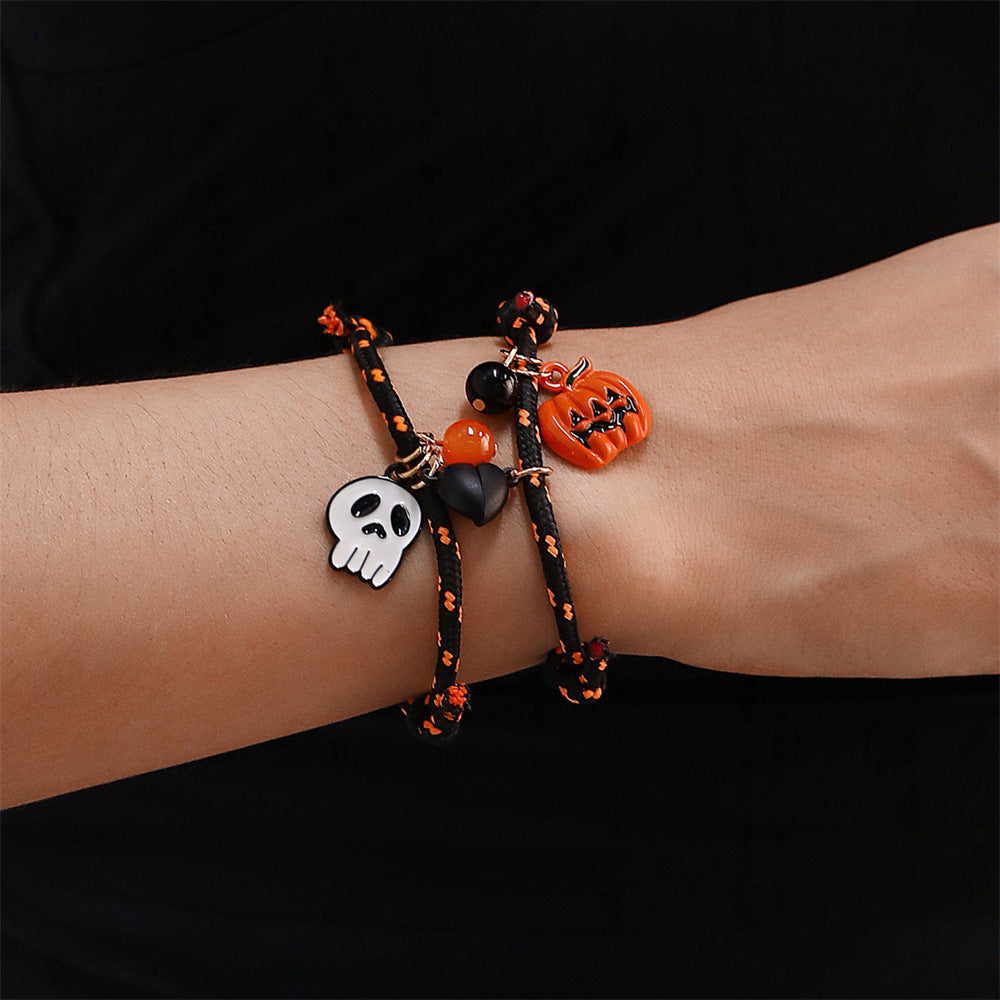 Halloween Pumpkin Ghost Love Magnetic Couple Rope Bracelet – Halloween Themed Couples Jewelry