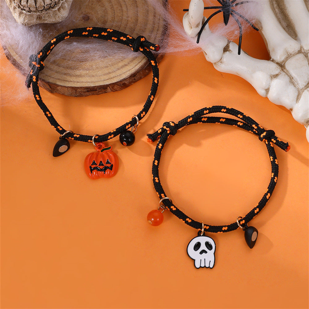 Halloween Pumpkin Ghost Love Magnetic Couple Rope Bracelet – Halloween Themed Couples Jewelry