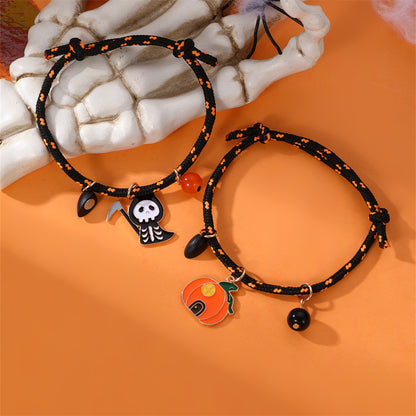 Halloween Pumpkin Ghost Love Magnetic Couple Rope Bracelet – Halloween Themed Couples Jewelry