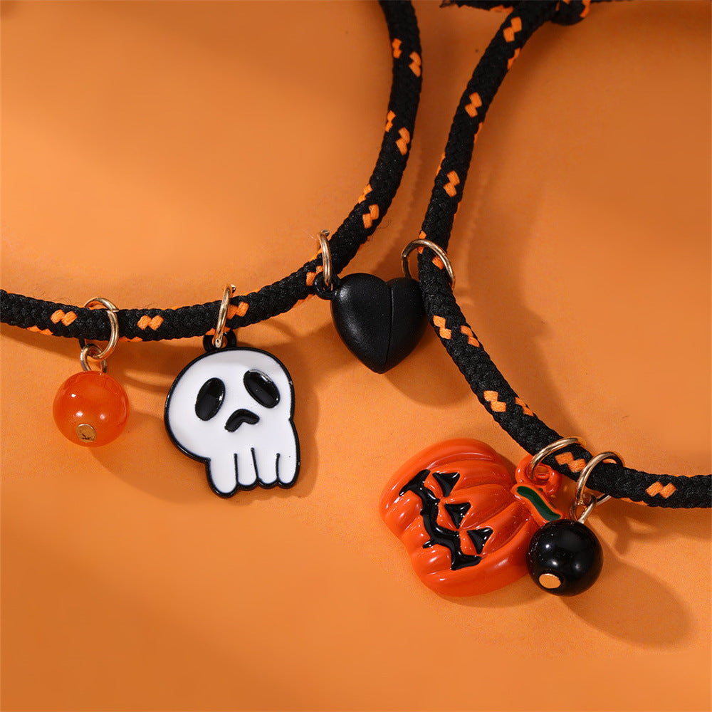 Halloween Pumpkin Ghost Love Magnetic Couple Rope Bracelet – Halloween Themed Couples Jewelry