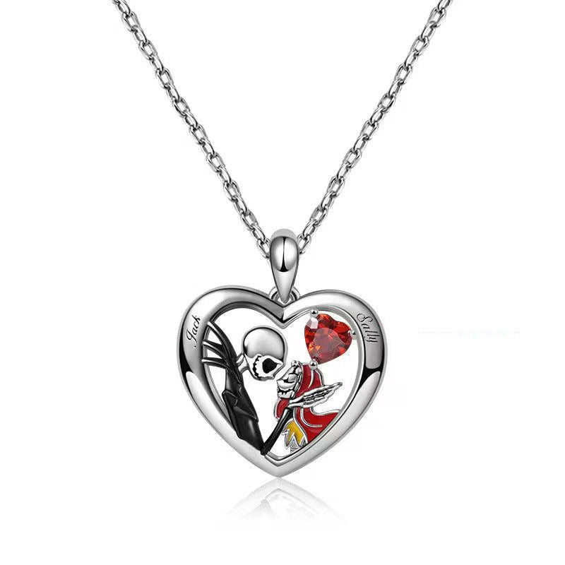 Halloween Heart-shaped Skull Necklace with Rhinestones – Couple Love Clavicle Necklace for Men &amp; Women